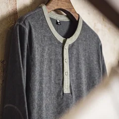 MADEN Henley Shirt Long Sleeve T-Shirt Men Vintage Garment Dyed Mottled Heather Grey Relaxed Layering Base Layer Autumn