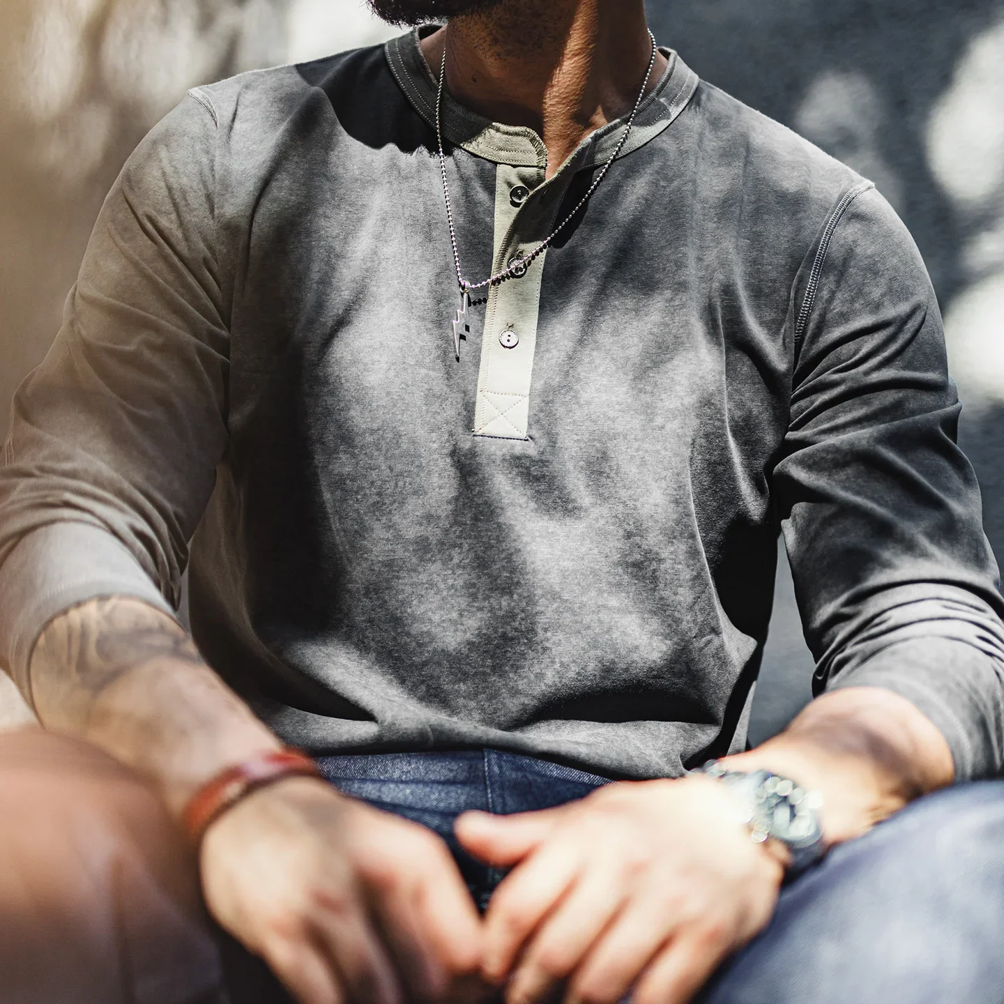 MADEN Henley Shirt Long Sleeve T-Shirt Men Vintage Garment Dyed Mottled Heather Grey Relaxed Layering Base Layer Autumn