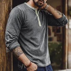 MADEN Henley Shirt Long Sleeve T-Shirt Men Vintage Garment Dyed Mottled Heather Grey Relaxed Layering Base Layer Autumn