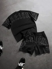 Men's and Women's Fitness Casual Tracksuit Gothic Letter Print Streetwear Crew Neck Tee & Elastic Waist Shorts 2‑Piece Set S‑2XL
