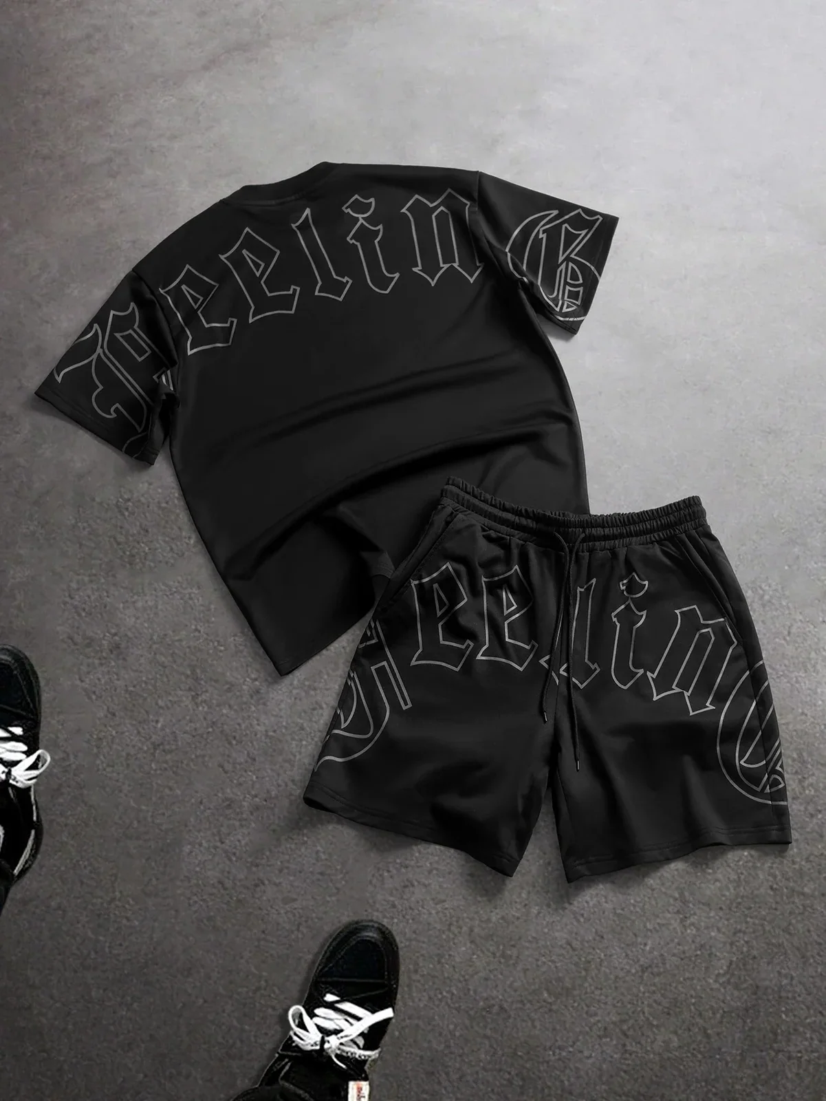 Men's and Women's Fitness Casual Tracksuit Gothic Letter Print Streetwear Crew Neck Tee & Elastic Waist Shorts 2‑Piece Set S‑2XL