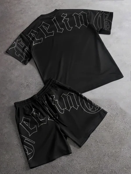 Men's and Women's Fitness Casual Tracksuit Gothic Letter Print Streetwear Crew Neck Tee & Elastic Waist Shorts 2‑Piece Set S‑2XL