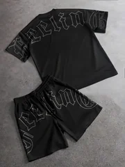 Men's and Women's Fitness Casual Tracksuit Gothic Letter Print Streetwear Crew Neck Tee & Elastic Waist Shorts 2‑Piece Set S‑2XL