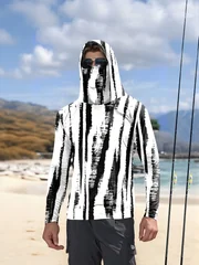Men Black‑White Stripe Fishing Hoodie With Face Mask UPF50+ Quick Dry Sun Protection Long Sleeve Outdoor Fishing Tops