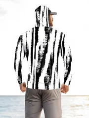 Men Black‑White Stripe Fishing Hoodie With Face Mask UPF50+ Quick Dry Sun Protection Long Sleeve Outdoor Fishing Tops