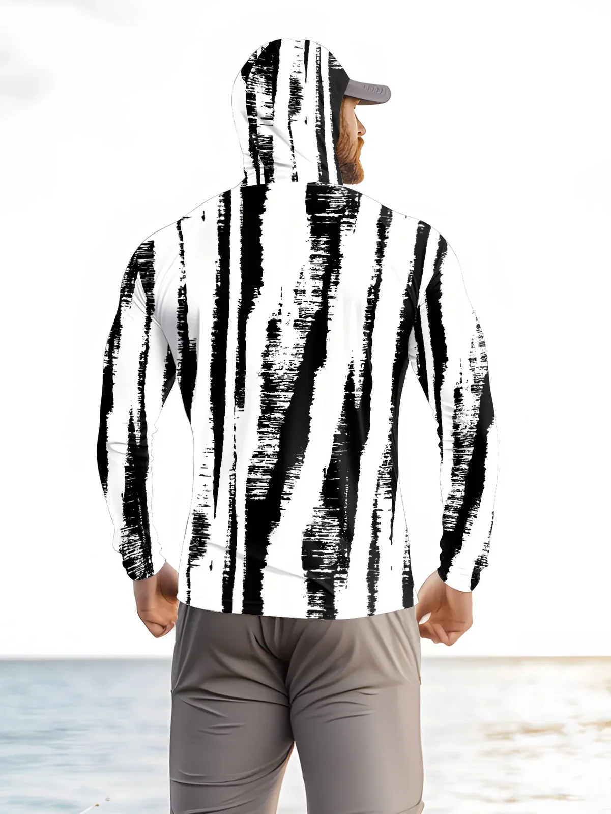 Men Black‑White Stripe Fishing Hoodie With Face Mask UPF50+ Quick Dry Sun Protection Long Sleeve Outdoor Fishing Tops