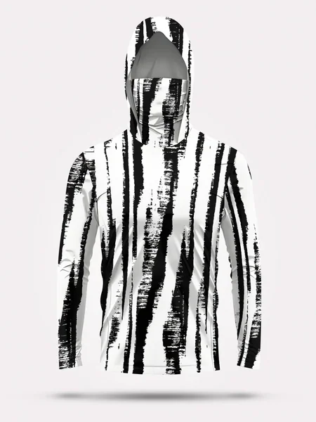 Men Black‑White Stripe Fishing Hoodie With Face Mask UPF50+ Quick Dry Sun Protection Long Sleeve Outdoor Fishing Tops