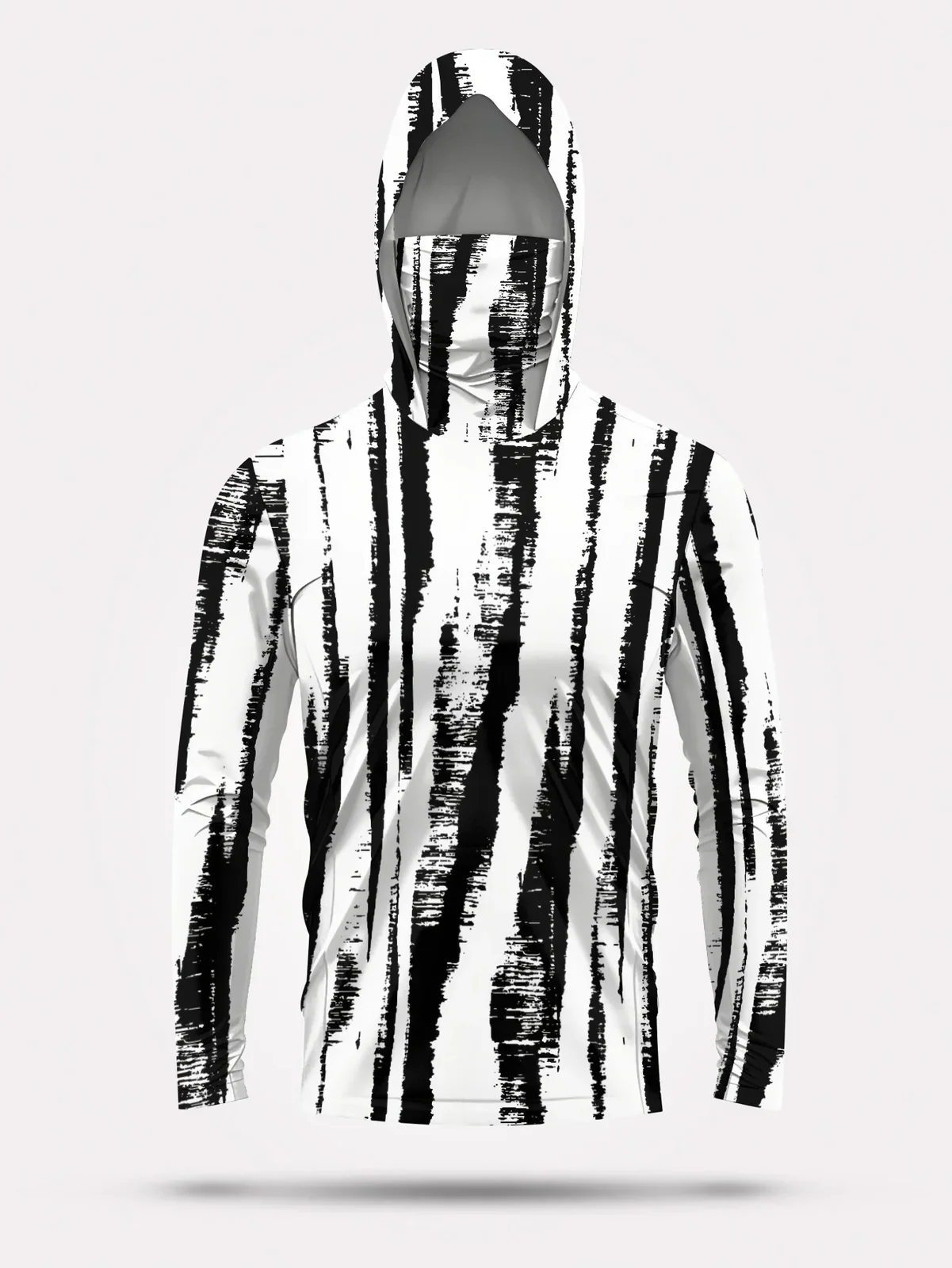 Men Black‑White Stripe Fishing Hoodie With Face Mask UPF50+ Quick Dry Sun Protection Long Sleeve Outdoor Fishing Tops