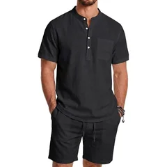 2 Piece Outfit Set Man Summer Men's Casual Pants Solid Color Short-sleeved Hawaiian Shirt Man Outfit Set Clothes of Man Gym Man
