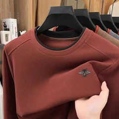 Autumn Winter Men's O-Neck Embroidery T-Shirt Solid Color Comfortable Long Sleeve Base Tops Skin Friendly Daily Wear Men's Wear