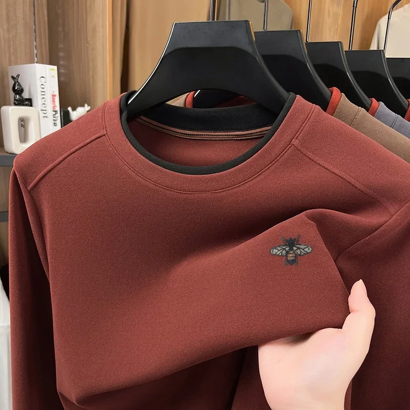 Autumn Winter Men's O-Neck Embroidery T-Shirt Solid Color Comfortable Long Sleeve Base Tops Skin Friendly Daily Wear Men's Wear