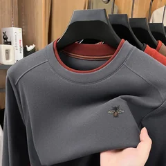 Autumn Winter Men's O-Neck Embroidery T-Shirt Solid Color Comfortable Long Sleeve Base Tops Skin Friendly Daily Wear Men's Wear