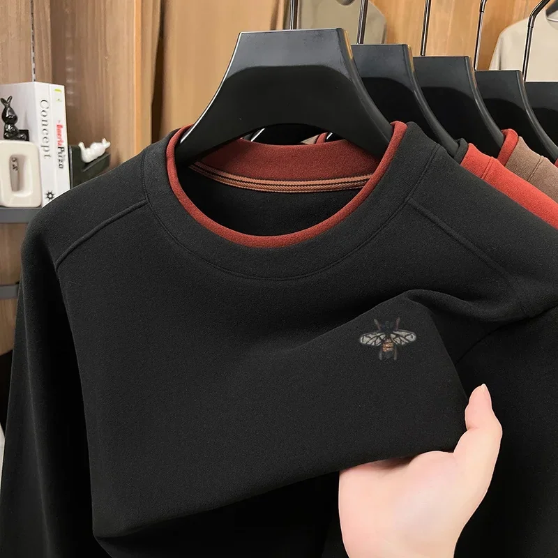 Autumn Winter Men's O-Neck Embroidery T-Shirt Solid Color Comfortable Long Sleeve Base Tops Skin Friendly Daily Wear Men's Wear