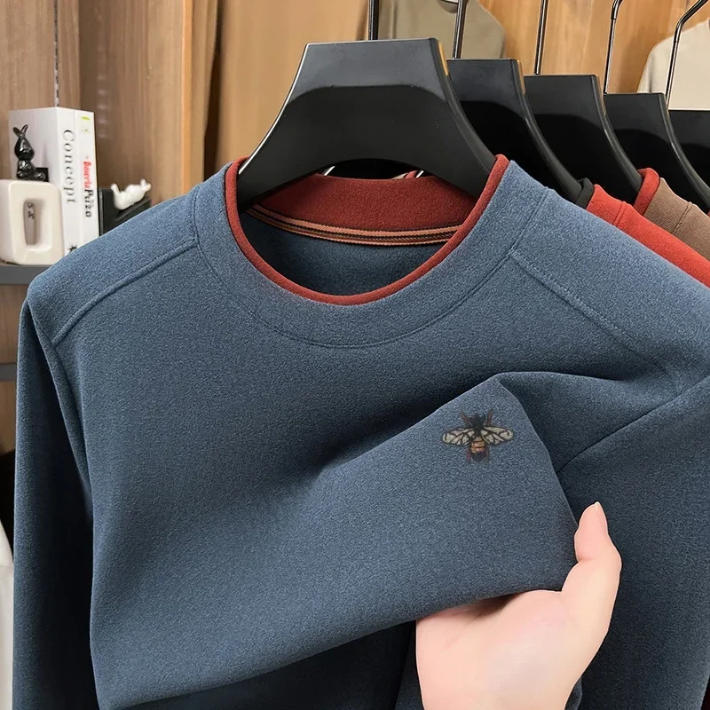 Autumn Winter Men's O-Neck Embroidery T-Shirt Solid Color Comfortable Long Sleeve Base Tops Skin Friendly Daily Wear Men's Wear