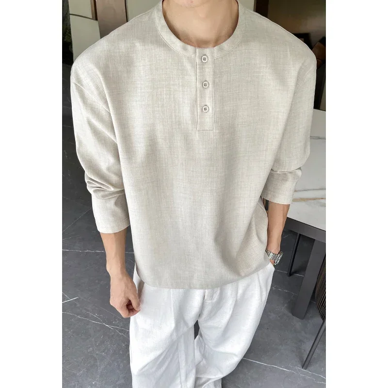 Mens Casual Faux Linen Henley Tee Long Sleeve 3‑Button Placket Relaxed‑Fit Vacation‑Style Lightweight Shirts