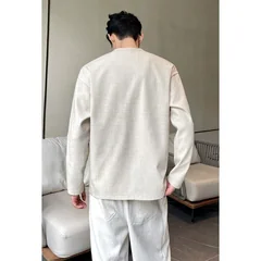 Mens Casual Faux Linen Henley Tee Long Sleeve 3‑Button Placket Relaxed‑Fit Vacation‑Style Lightweight Shirts
