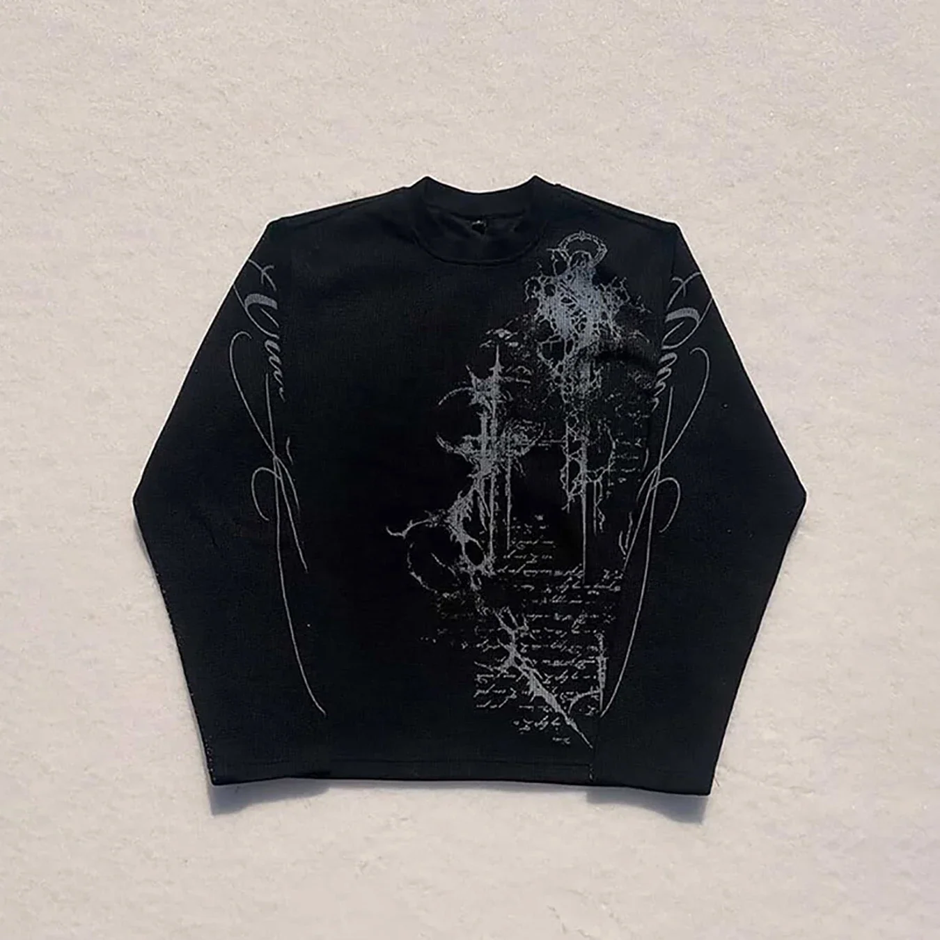 Autumn and Winter Retro Gothic Dark Style Y2K Long Sleeved Printed Waffle High Street Casual Pullover T-Shirt