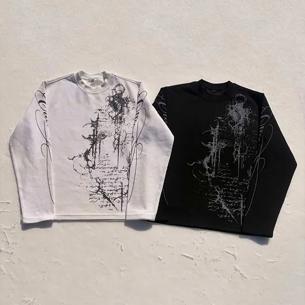Autumn and Winter Retro Gothic Dark Style Y2K Long Sleeved Printed Waffle High Street Casual Pullover T-Shirt