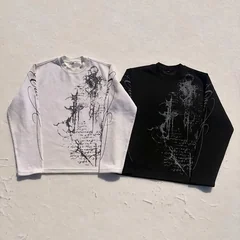Autumn and Winter Retro Gothic Dark Style Y2K Long Sleeved Printed Waffle High Street Casual Pullover T-Shirt