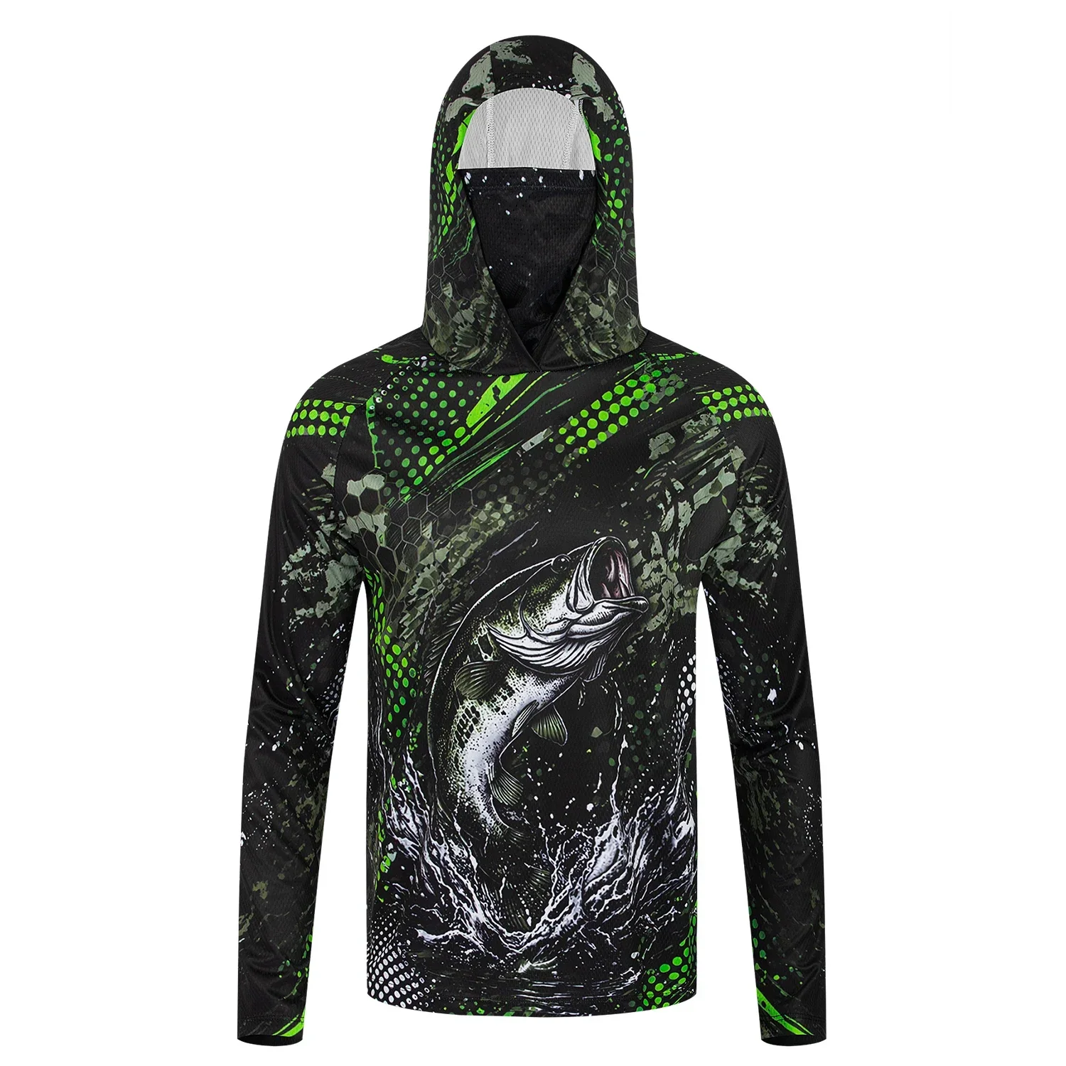 Men's Pro Angler Bass Fishing Hooded Face Gaiter UPF 50+ Quick Dry Breathable Long Sleeve Fishing Shirt Outdoor Hiking Camping