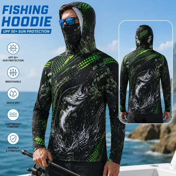 Men's Pro Angler Bass Fishing Hooded Face Gaiter UPF 50+ Quick Dry Breathable Long Sleeve Fishing Shirt Outdoor Hiking Camping
