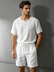 Men's Cotton Linen 2-Piece Set Henley T-Shirt Drawstring Shorts Breathable Casual Beach Outfit