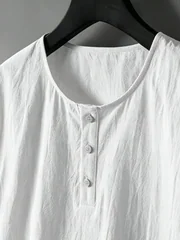Men's Cotton Linen 2-Piece Set Henley T-Shirt Drawstring Shorts Breathable Casual Beach Outfit
