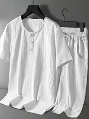 Men's Cotton Linen 2-Piece Set Henley T-Shirt Drawstring Shorts Breathable Casual Beach Outfit