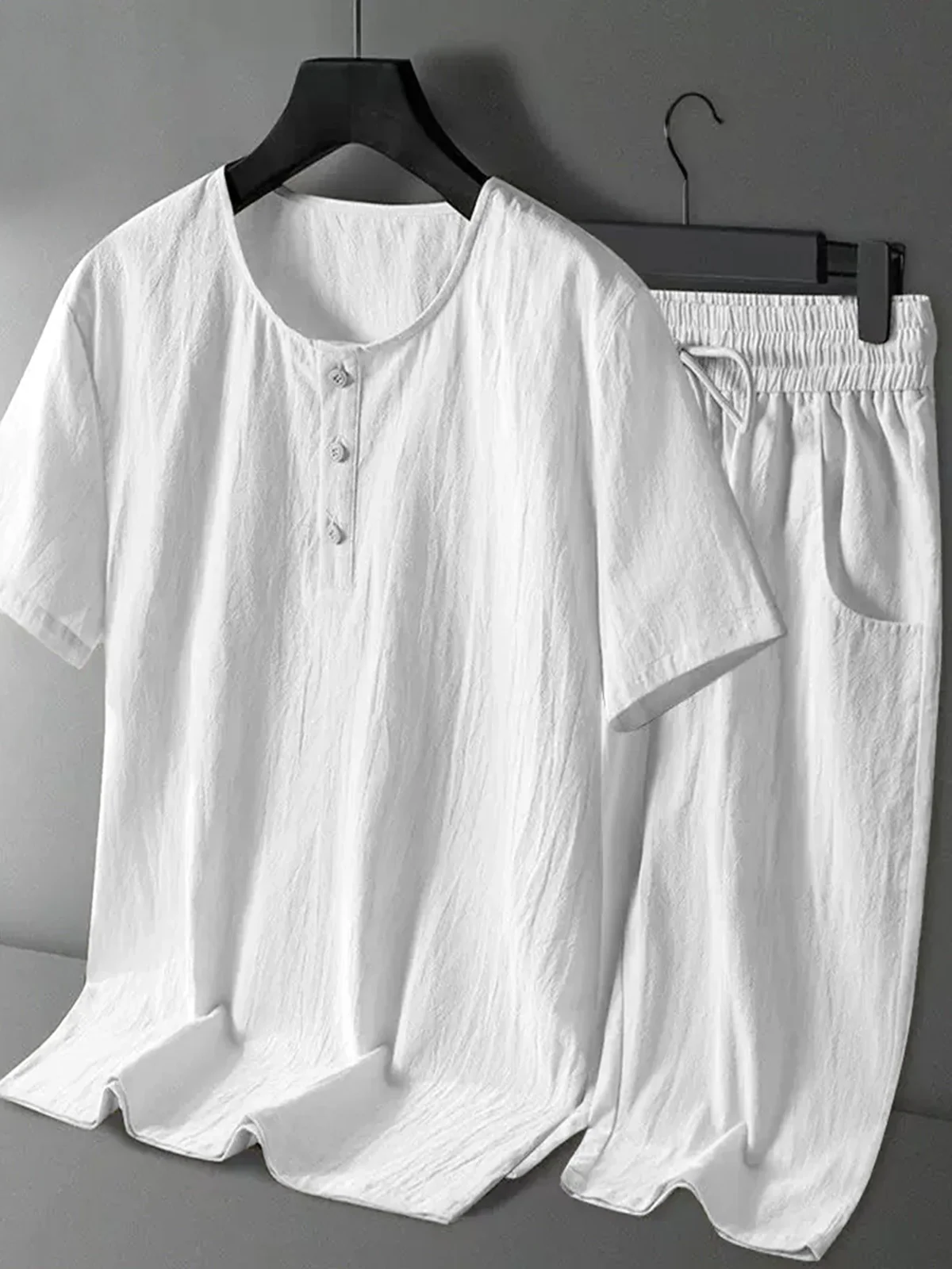 Men's Cotton Linen 2-Piece Set Henley T-Shirt Drawstring Shorts Breathable Casual Beach Outfit
