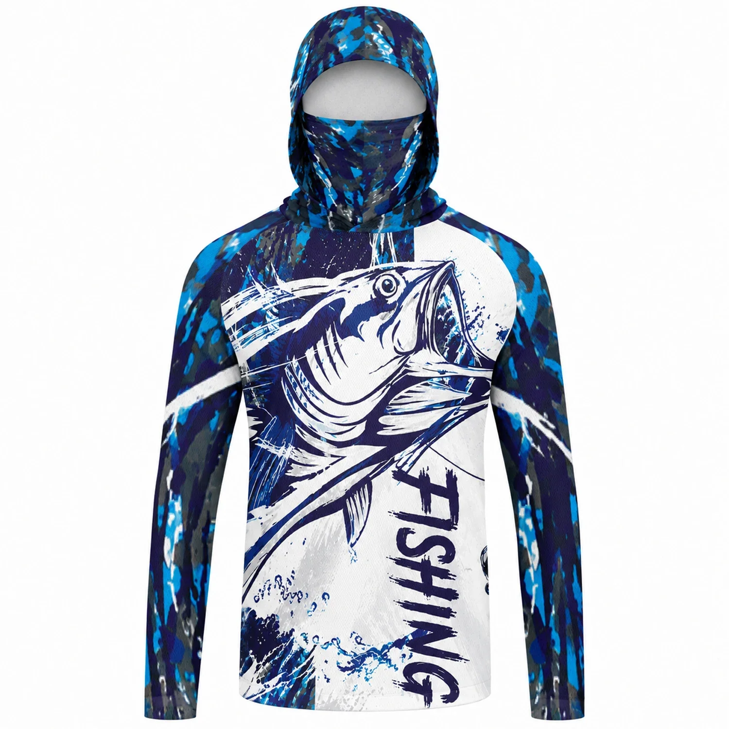 Men Gradient Fish Print Fishing Hoodie UPF50+ UV Sun Protection Quick Dry Breathable Long Sleeve Outdoor Fishing Sports Shirt