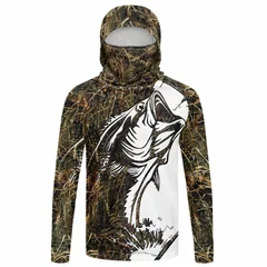 Men Gradient Fish Print Fishing Hoodie UPF50+ UV Sun Protection Quick Dry Breathable Long Sleeve Outdoor Fishing Sports Shirt