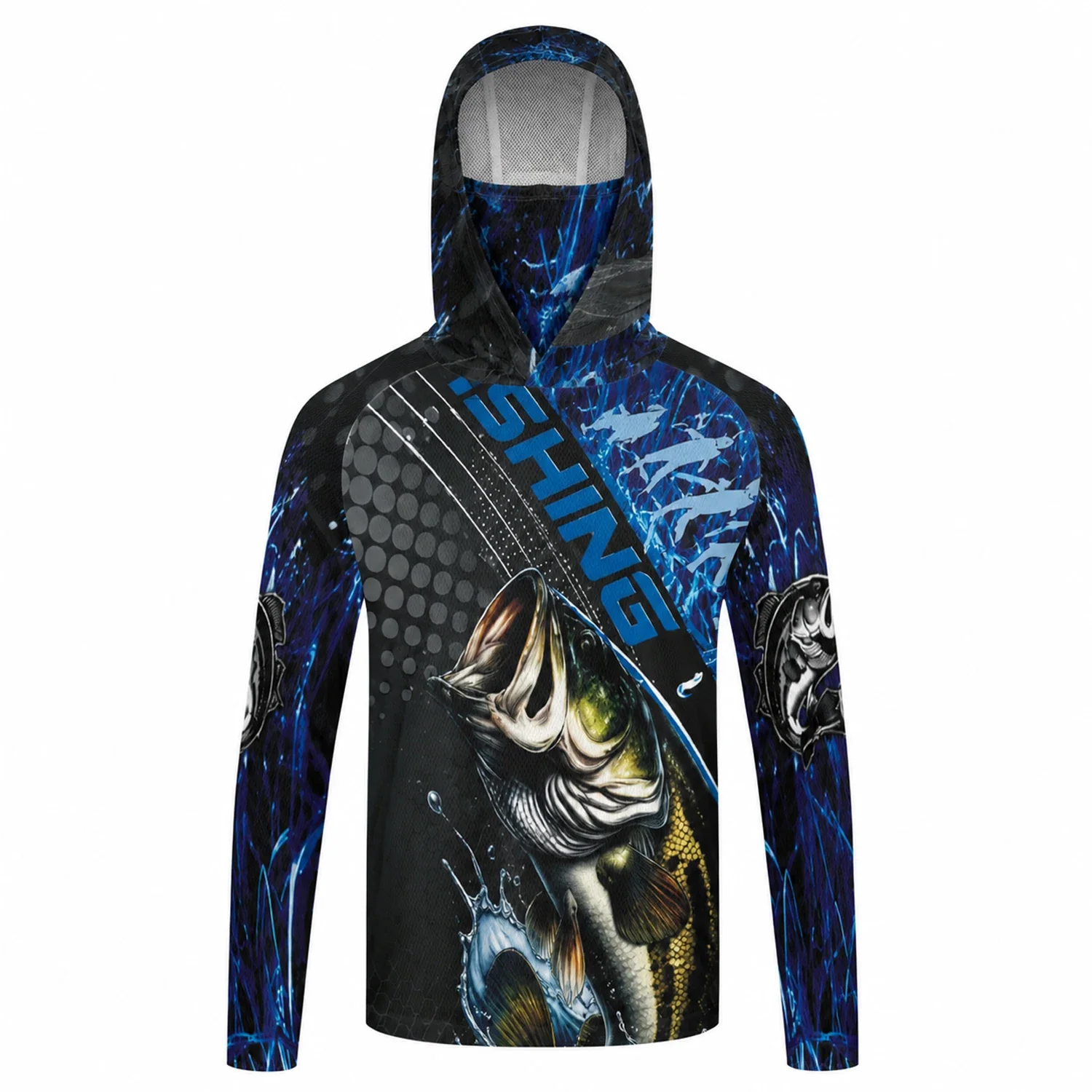 Men Gradient Fish Print Fishing Hoodie UPF50+ UV Sun Protection Quick Dry Breathable Long Sleeve Outdoor Fishing Sports Shirt