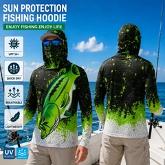 Men Gradient Fish Print Fishing Hoodie UPF50+ UV Sun Protection Quick Dry Breathable Long Sleeve Outdoor Fishing Sports Shirt