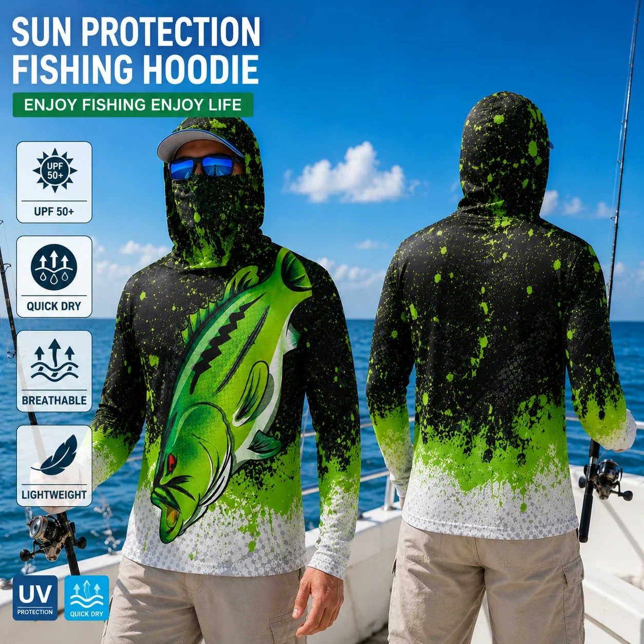 Men Gradient Fish Print Fishing Hoodie UPF50+ UV Sun Protection Quick Dry Breathable Long Sleeve Outdoor Fishing Sports Shirt