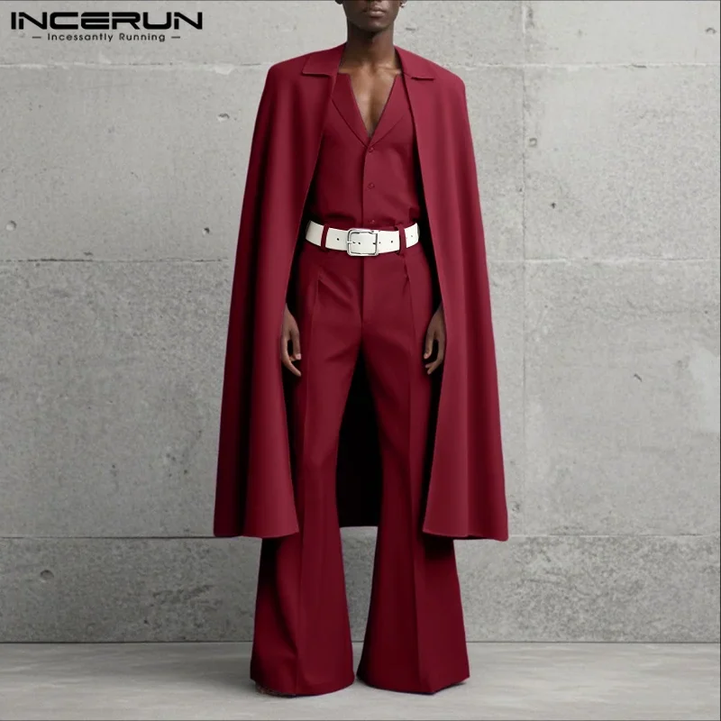 INCERUN Men Sets Solid Color Lapel Long Sleeve Long Style Cloak Blazer & Pants 2PCS Loose Fashion Men's Casual Suits Streetwear