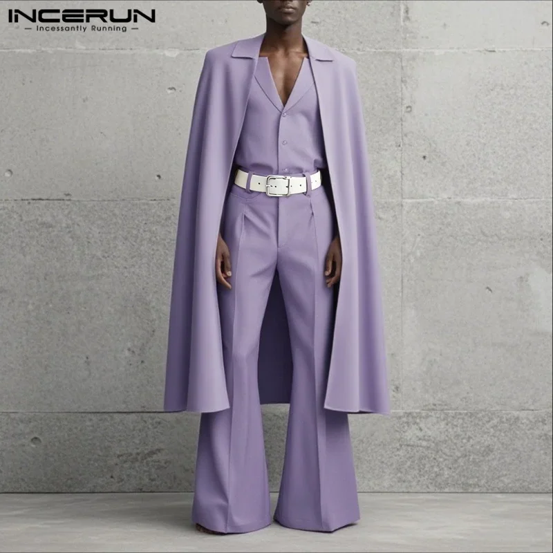 INCERUN Men Sets Solid Color Lapel Long Sleeve Long Style Cloak Blazer & Pants 2PCS Loose Fashion Men's Casual Suits Streetwear