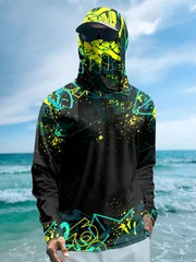 Men UPF50+ Fishing Hoodie With Face Mask Graffiti Print Long Sleeve Quick Dry Sun Protection Outdoor Fishing Shirts Tops