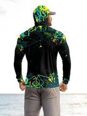 Men UPF50+ Fishing Hoodie With Face Mask Graffiti Print Long Sleeve Quick Dry Sun Protection Outdoor Fishing Shirts Tops