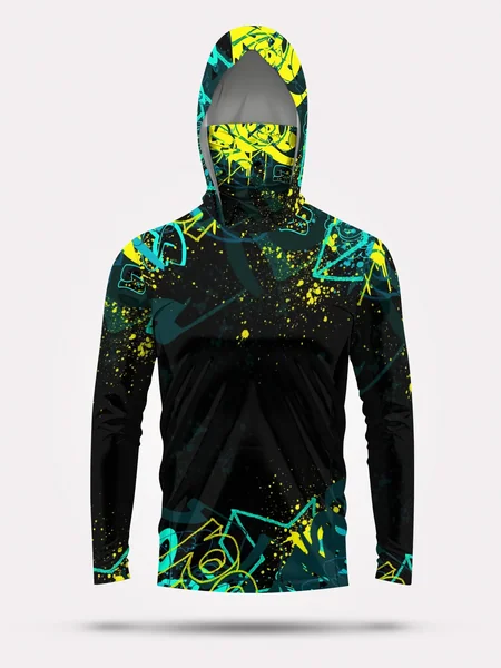 Men UPF50+ Fishing Hoodie With Face Mask Graffiti Print Long Sleeve Quick Dry Sun Protection Outdoor Fishing Shirts Tops