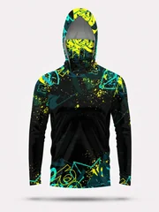 Men UPF50+ Fishing Hoodie With Face Mask Graffiti Print Long Sleeve Quick Dry Sun Protection Outdoor Fishing Shirts Tops