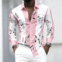 Men's collared shirt with creative musical note print, trendy long-sleeved casual top for everyday wear, dates, and outings.