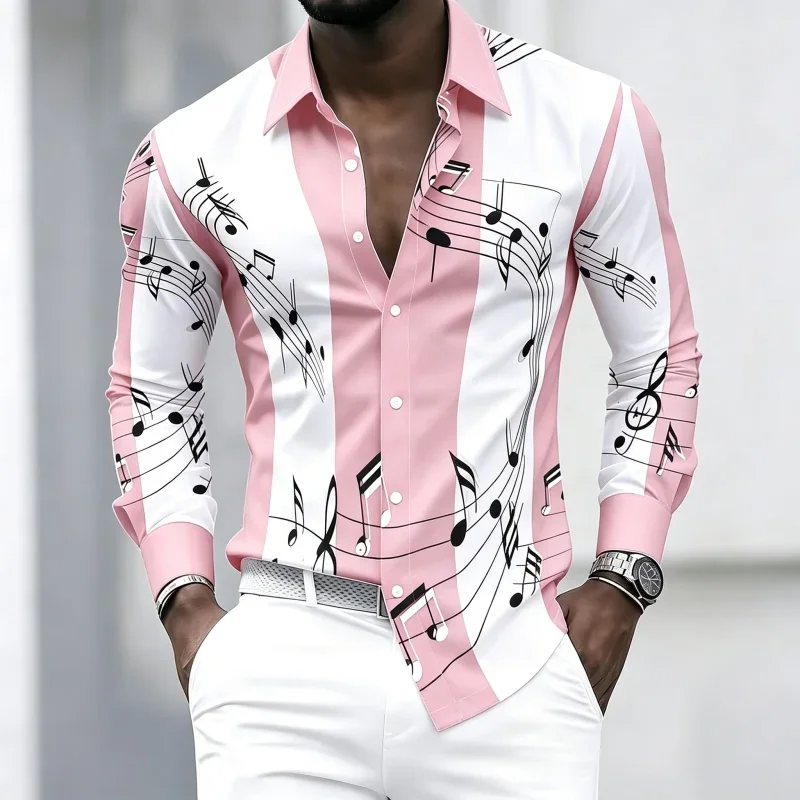 Men's collared shirt with creative musical note print, trendy long-sleeved casual top for everyday wear, dates, and outings.
