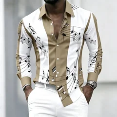 Men's collared shirt with creative musical note print, trendy long-sleeved casual top for everyday wear, dates, and outings.