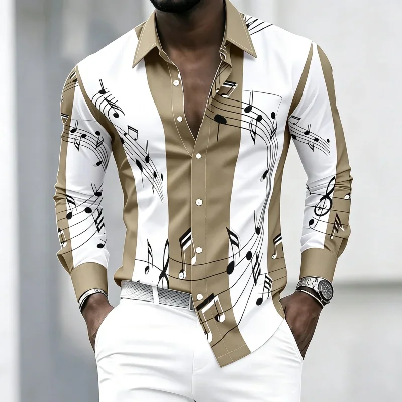 Men's collared shirt with creative musical note print, trendy long-sleeved casual top for everyday wear, dates, and outings.