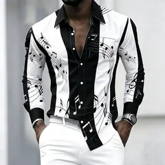 Men's collared shirt with creative musical note print, trendy long-sleeved casual top for everyday wear, dates, and outings.
