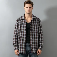 Spring and Autumn Men's Checkered Long Sleeve Top Button T-shirt Shirt Fashion Classic Shirt Youth Casual Comfortable Fashion