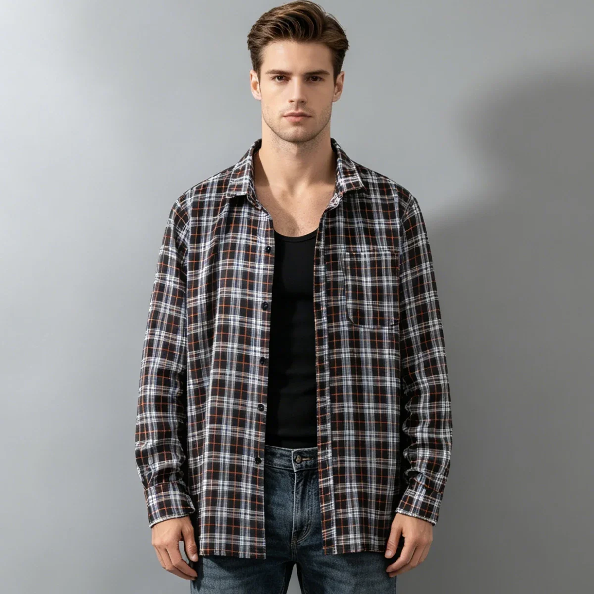 Spring and Autumn Men's Checkered Long Sleeve Top Button T-shirt Shirt Fashion Classic Shirt Youth Casual Comfortable Fashion