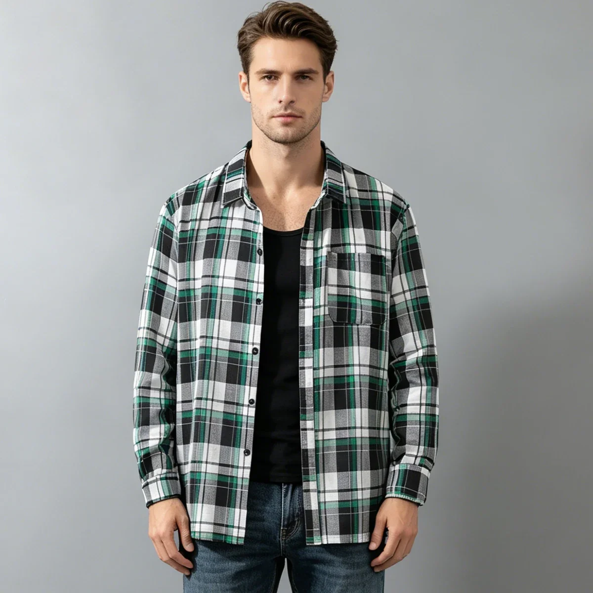 Spring and Autumn Men's Checkered Long Sleeve Top Button T-shirt Shirt Fashion Classic Shirt Youth Casual Comfortable Fashion