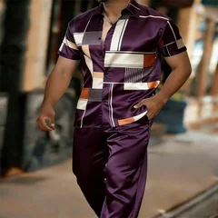 Men Satin Pajama Set Blue White Stripe Swallow Print Short Sleeve Shirt Long Pants Silky Sleepwear Loungewear
