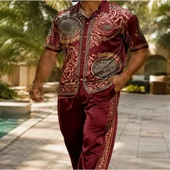 Men Satin Pajama Set Blue White Stripe Swallow Print Short Sleeve Shirt Long Pants Silky Sleepwear Loungewear